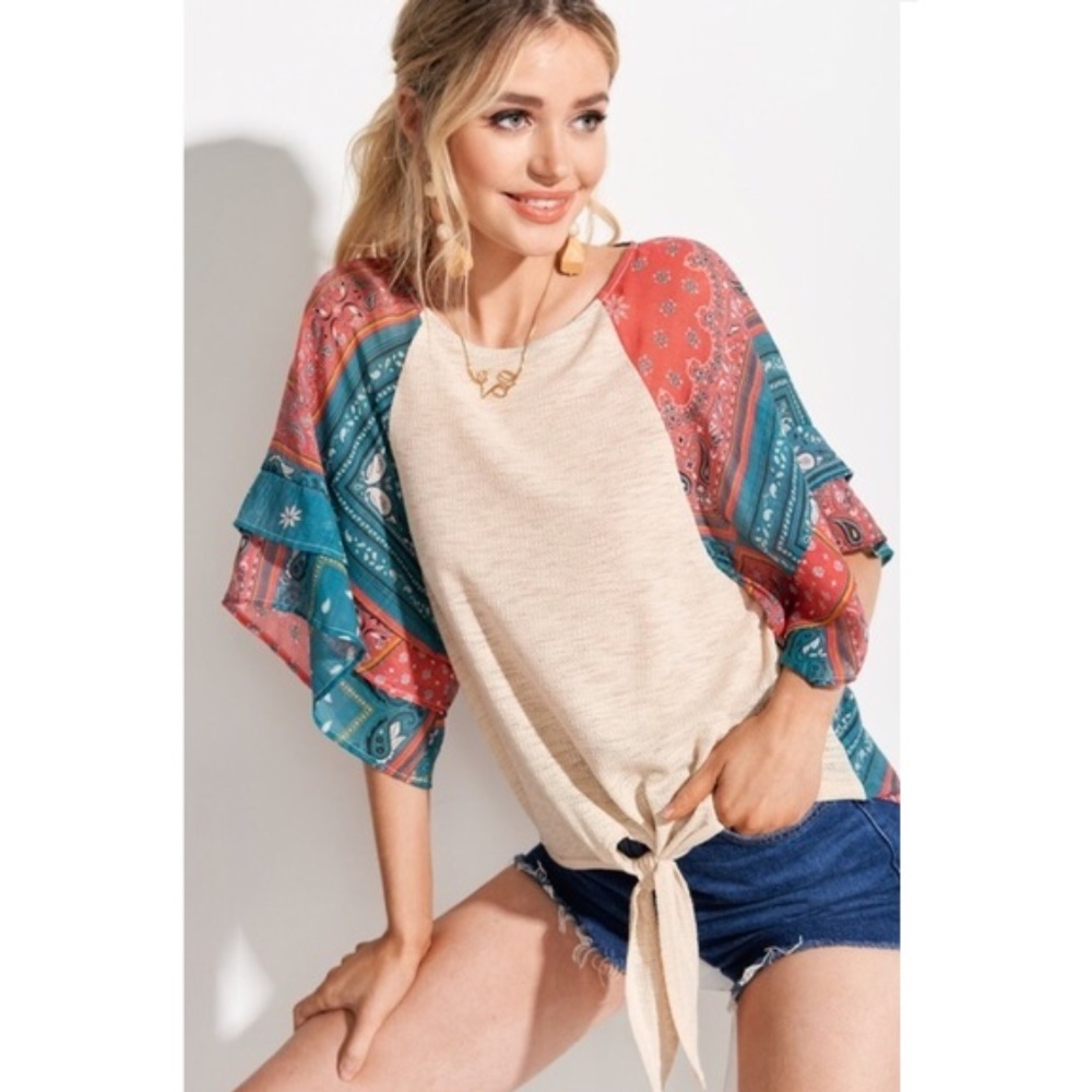 Paisley Print Ruffled Wide Sleeve Tie Front Top
